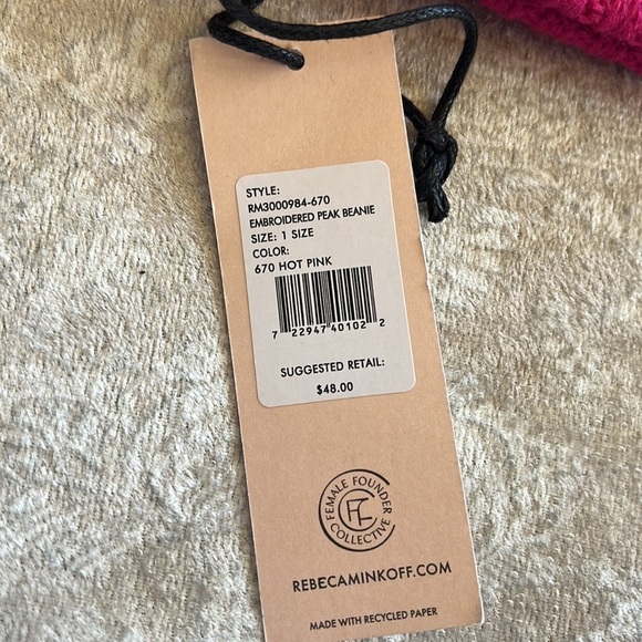 Brand New Rebecca Minkoff Hot Pink Beanie Ribbed Knit Hat w/ Embroidered Stars main image 10